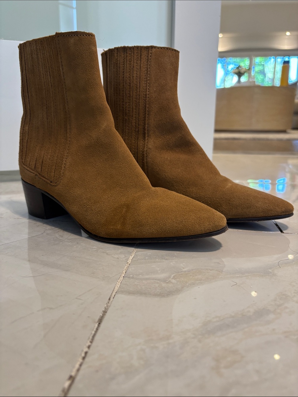 Zara Tan Suede Pointed Toe Ankle Boots - Size 39 Zara which is 8 US